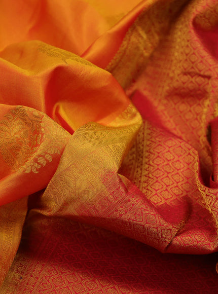 Pure kanchipuram silk saree mustard yellow and red with zari woven buttas and zari woven border