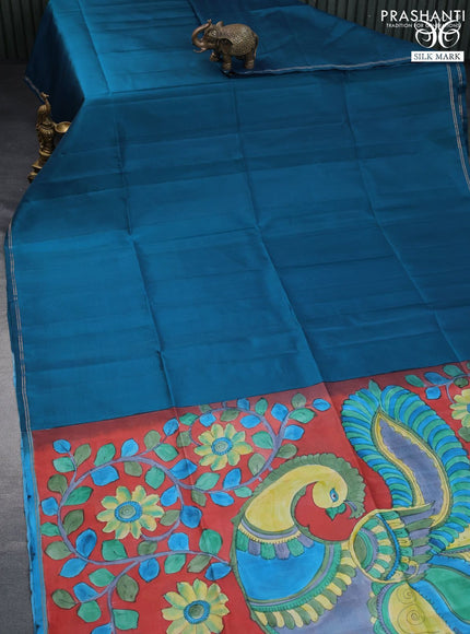 Pure soft silk saree peacock blue and rust shade with plain body and pen kalamkari hand painted pallu