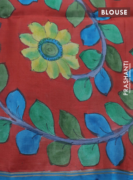 Pure soft silk saree peacock blue and rust shade with plain body and pen kalamkari hand painted pallu