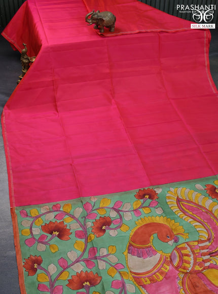 Pure soft silk saree dual shade of pink and pastel green with plain body and pen kalamkari hand painted pallu