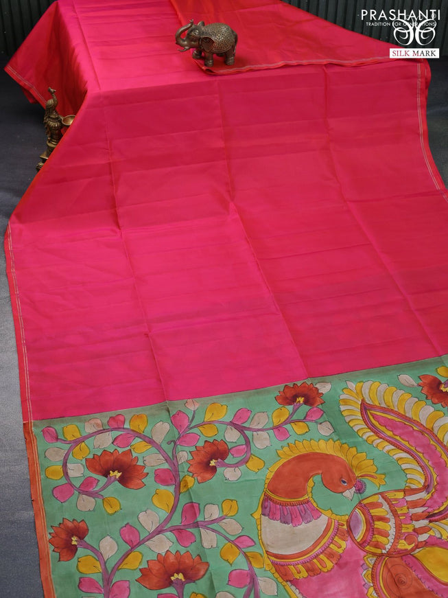 Pure soft silk saree dual shade of pink and pastel green with plain body and pen kalamkari hand painted pallu