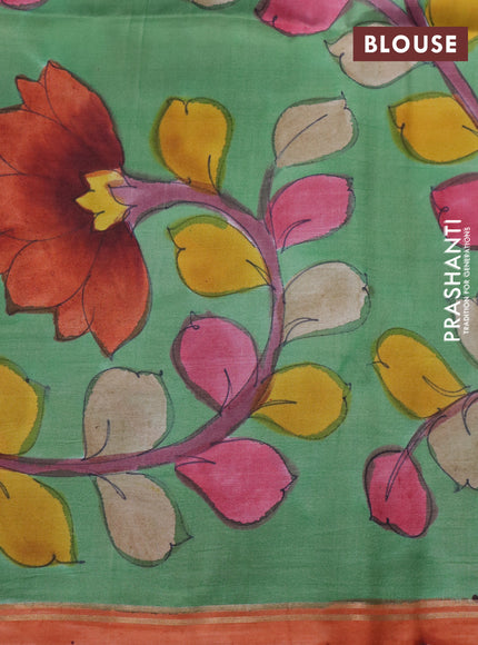 Pure soft silk saree dual shade of pink and pastel green with plain body and pen kalamkari hand painted pallu