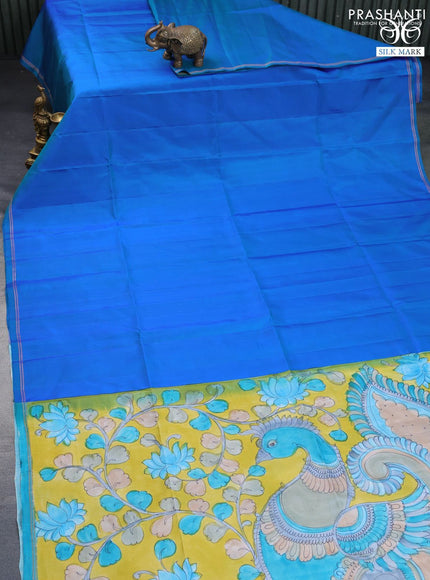 Pure soft silk saree blue and yellow with plain body and pen kalamkari hand painted pallu