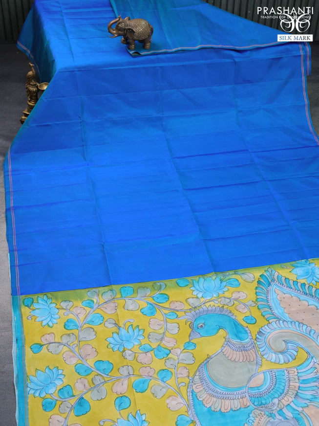 Pure soft silk saree blue and yellow with plain body and pen kalamkari hand painted pallu