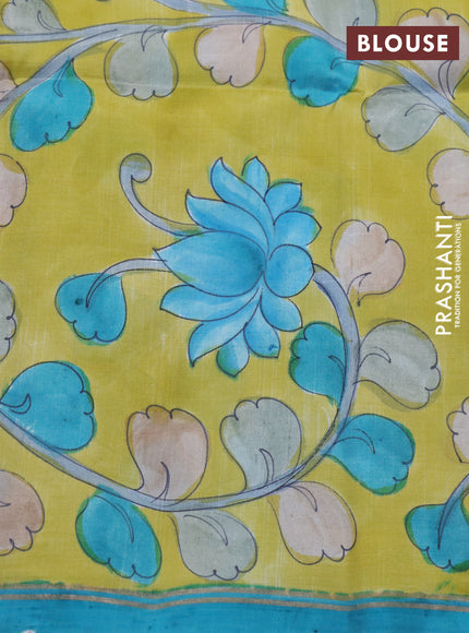 Pure soft silk saree blue and yellow with plain body and pen kalamkari hand painted pallu