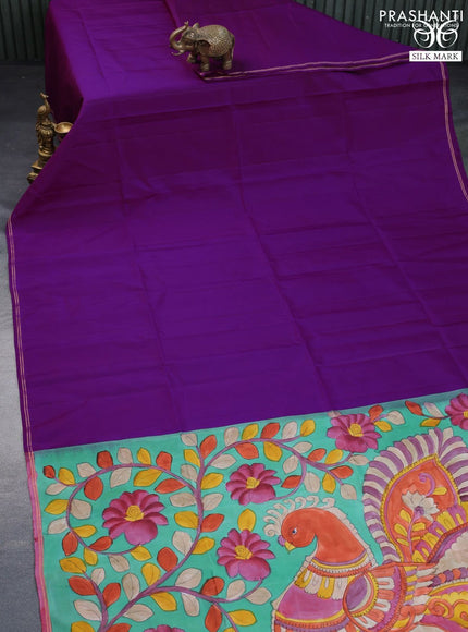 Pure soft silk saree deep purple and green with plain body and pen kalamkari hand painted pallu