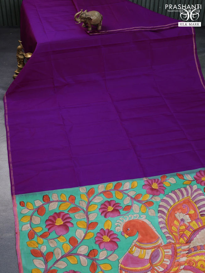 Pure soft silk saree deep purple and green with plain body and pen kalamkari hand painted pallu