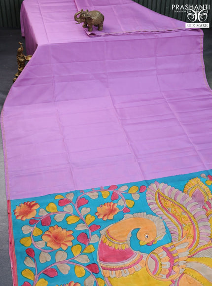 Pure soft silk saree lavender shade and teal blue with plain body and pen kalamkari hand painted pallu