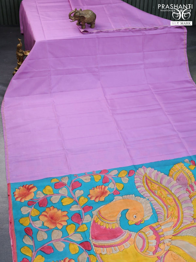 Pure soft silk saree lavender shade and teal blue with plain body and pen kalamkari hand painted pallu