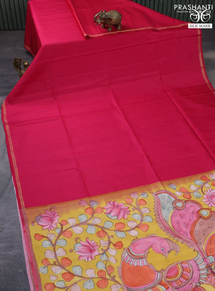 Pure soft silk saree pink and yellow with plain body and pen kalamkari hand painted pallu