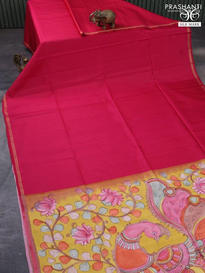 Pure soft silk saree pink and yellow with plain body and pen kalamkari hand painted pallu