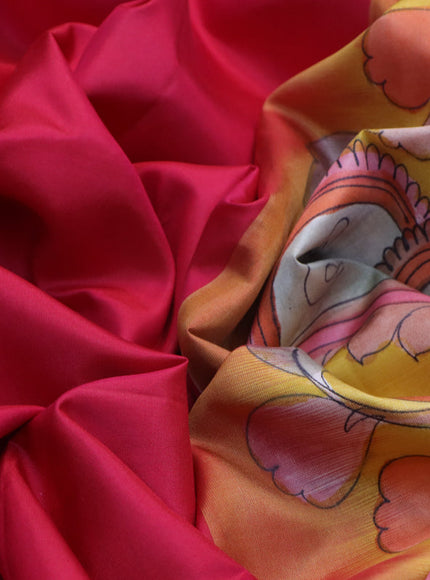 Pure soft silk saree pink and yellow with plain body and pen kalamkari hand painted pallu