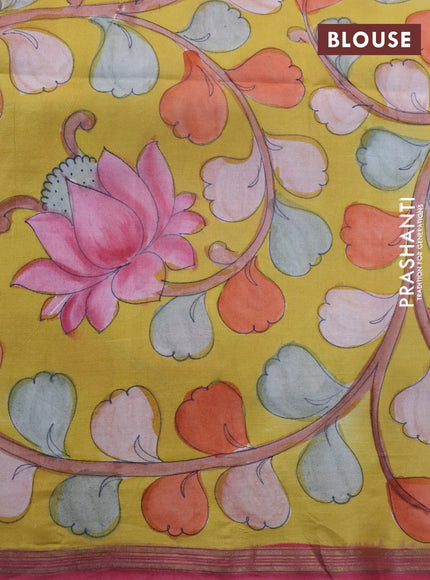 Pure soft silk saree pink and yellow with plain body and pen kalamkari hand painted pallu