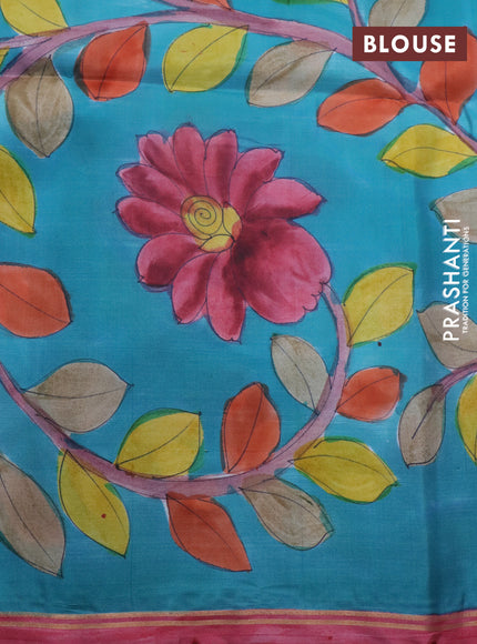 Pure soft silk saree lavender shade and teal blue with plain body and pen kalamkari hand painted pallu