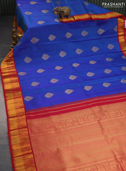 Pure kanchipuram silk saree blue and red with zari woven buttas and zari woven korvai border