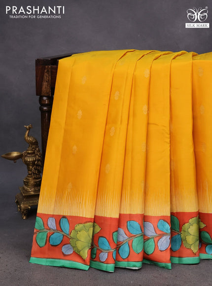 Pure soft silk saree yellow and orange with zari woven buttas and pen kalamkari hand painted border