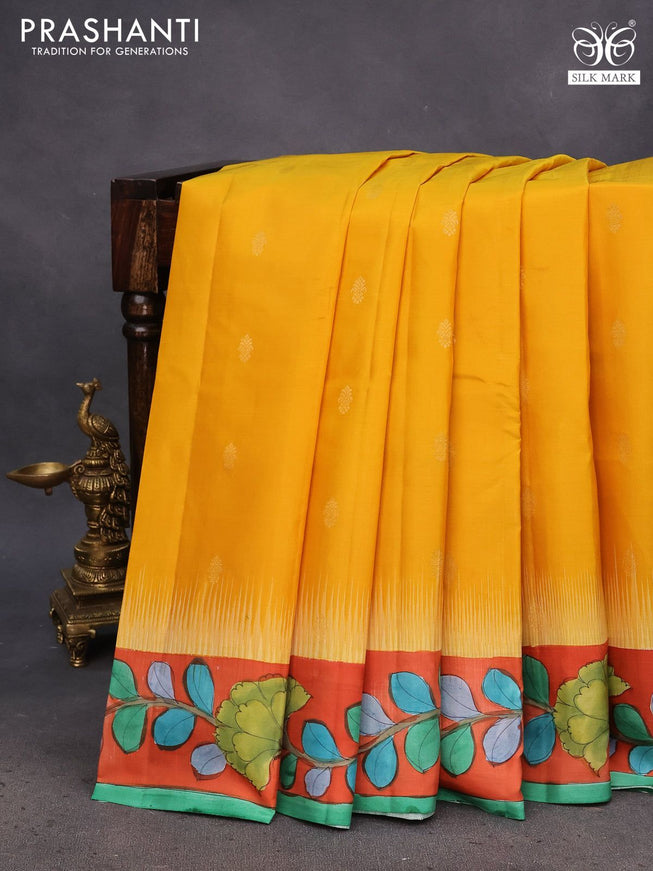 Pure soft silk saree yellow and orange with zari woven buttas and pen kalamkari hand painted border