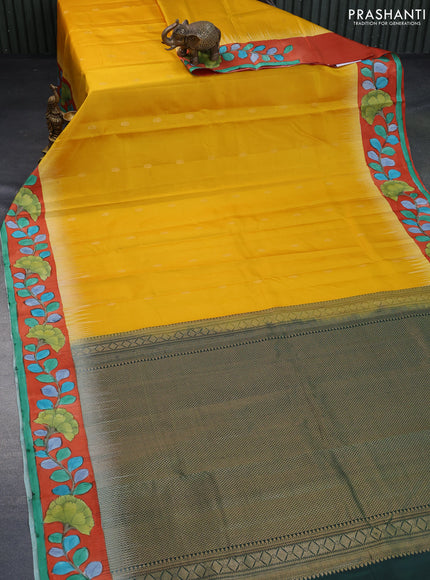 Pure soft silk saree yellow and orange with zari woven buttas and pen kalamkari hand painted border