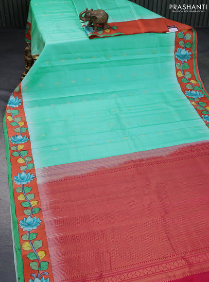 Pure soft silk saree teal green shade and orange with zari woven buttas and pen kalamkari hand painted border