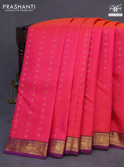 Pure soft silk saree dual shade of pinkish orange and purple with allover zari woven buttas and zari woven border