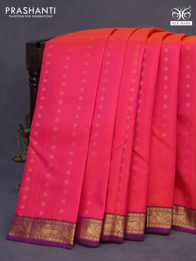 Pure soft silk saree dual shade of pinkish orange and purple with allover zari woven buttas and zari woven border