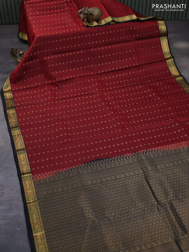 Pure soft silk saree maroon and black with allover zari woven buttas and zari woven border