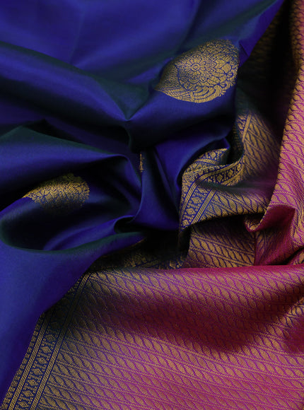 Pure kanchipuram silk saree dual shade of blue and purple with peacock zari woven buttas and annam zari woven border