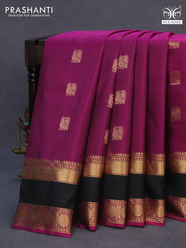 Pure soft silk saree purple and black with annam zari woven buttas and long rettapet zari woven border