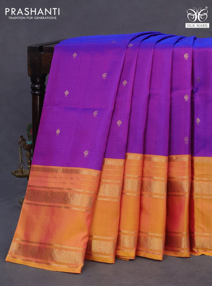 Pure soft silk saree dual shade of purple and dual shade of yellowish pink with allover zari woven buttas and long rettapet zari woven border