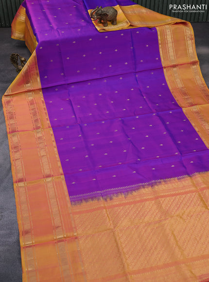 Pure soft silk saree dual shade of purple and dual shade of yellowish pink with allover zari woven buttas and long rettapet zari woven border