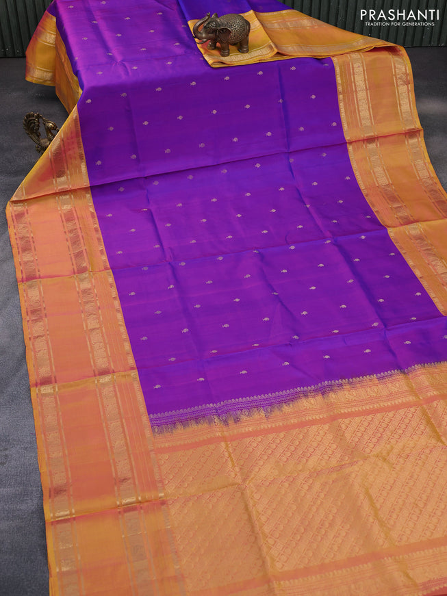 Pure soft silk saree dual shade of purple and dual shade of yellowish pink with allover zari woven buttas and long rettapet zari woven border