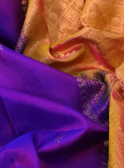 Pure soft silk saree dual shade of purple and dual shade of yellowish pink with allover zari woven buttas and long rettapet zari woven border