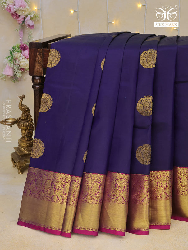 Pure kanchipuram silk saree dark blue and purple with peacock zari woven buttas and annam zari woven border