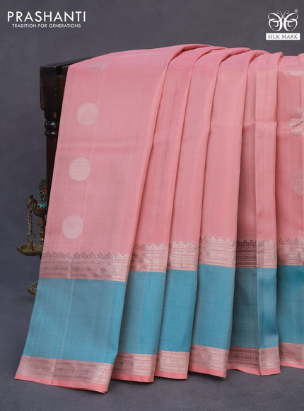 Pure soft silk saree peach pink and teal blue with silver zari woven buttas and rettapet silver zari woven border