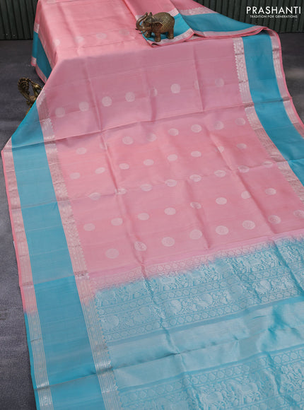 Pure soft silk saree peach pink and teal blue with silver zari woven buttas and rettapet silver zari woven border