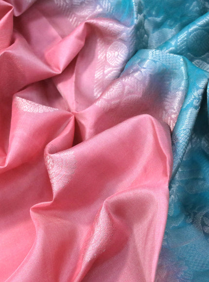 Pure soft silk saree peach pink and teal blue with silver zari woven buttas and rettapet silver zari woven border