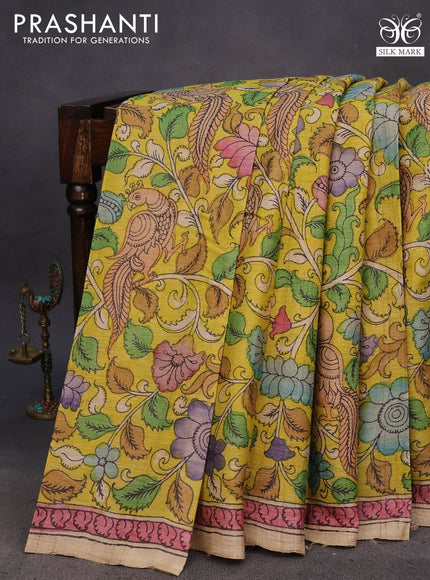 Tussar silk saree yellow and maroon shade with allover hand painted pen kalamkari prints and printed border