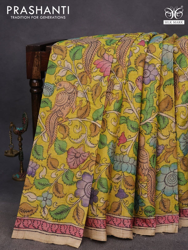 Tussar silk saree yellow and maroon shade with allover hand painted pen kalamkari prints and printed border