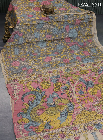 Tussar silk saree grey and pale yellow with allover hand painted pen kalamkari prints and printed border