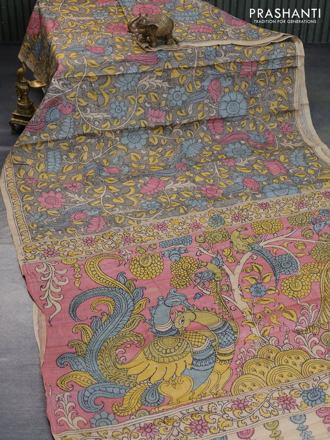 Tussar silk saree grey and pale yellow with allover hand painted pen kalamkari prints and printed border