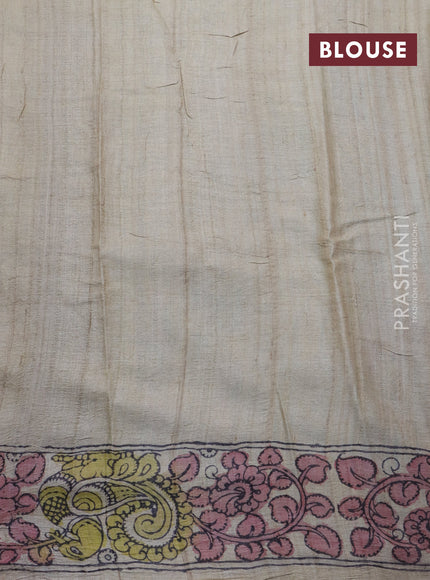 Tussar silk saree grey and pale yellow with allover hand painted pen kalamkari prints and printed border