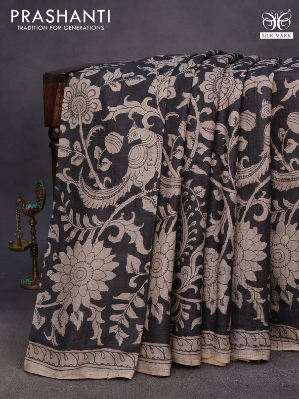 Tussar silk saree black and beige with allover hand painted pen kalamkari prints and printed border