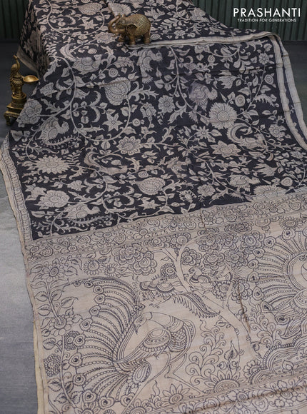 Tussar silk saree black and beige with allover hand painted pen kalamkari prints and printed border