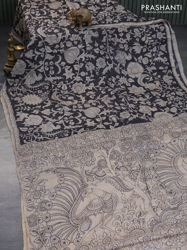 Tussar silk saree black and beige with allover hand painted pen kalamkari prints and printed border