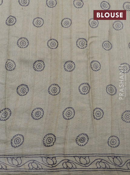 Tussar silk saree black and beige with allover hand painted pen kalamkari prints and printed border