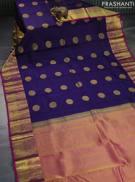 Pure kanchipuram silk saree dark blue and purple with peacock zari woven buttas and annam zari woven border