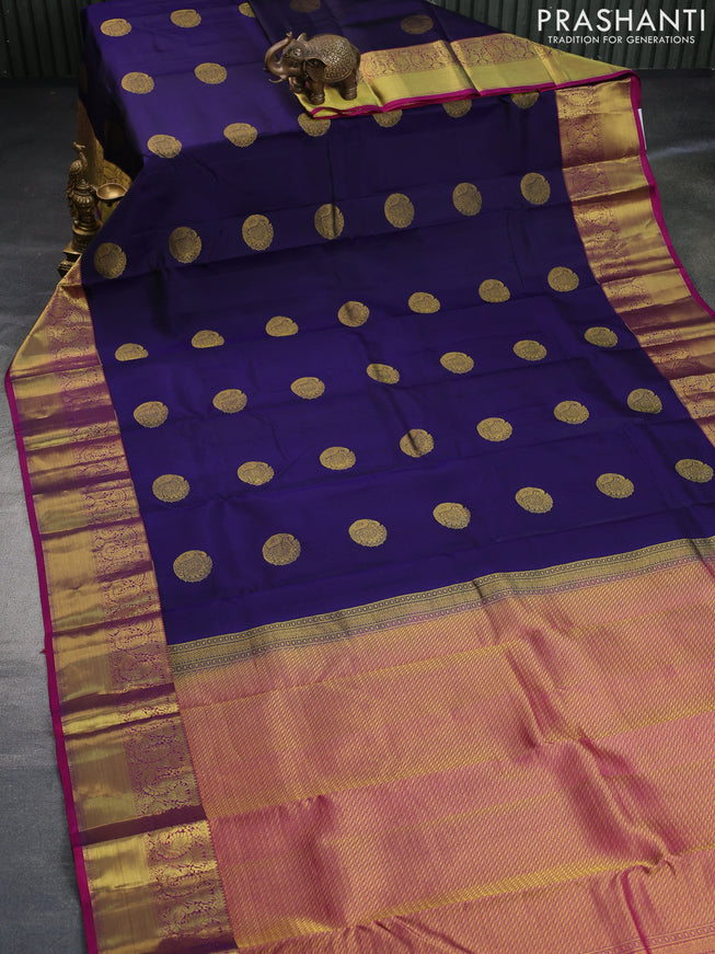 Pure kanchipuram silk saree dark blue and purple with peacock zari woven buttas and annam zari woven border