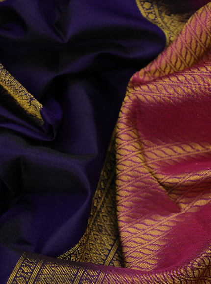 Pure kanchipuram silk saree dark blue and purple with peacock zari woven buttas and annam zari woven border