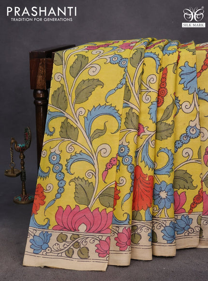 Tussar silk saree yellow and beige with allover hand painted pen kalamkari prints and printed border