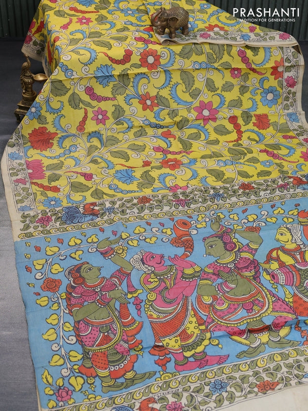 Tussar silk saree yellow and beige with allover hand painted pen kalamkari prints and printed border